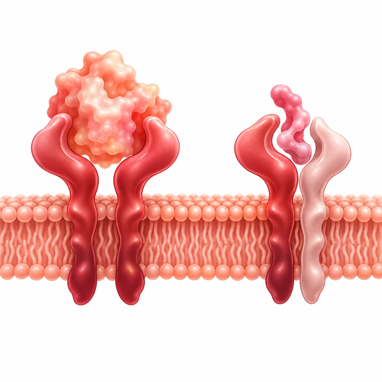 Illustration of a cell membrane: on the left, EPO held by a matched pair of EPO receptors; on the right, a mismatched receptor pair (an EPO receptor and CD131) with the small ARA-290 peptide between them