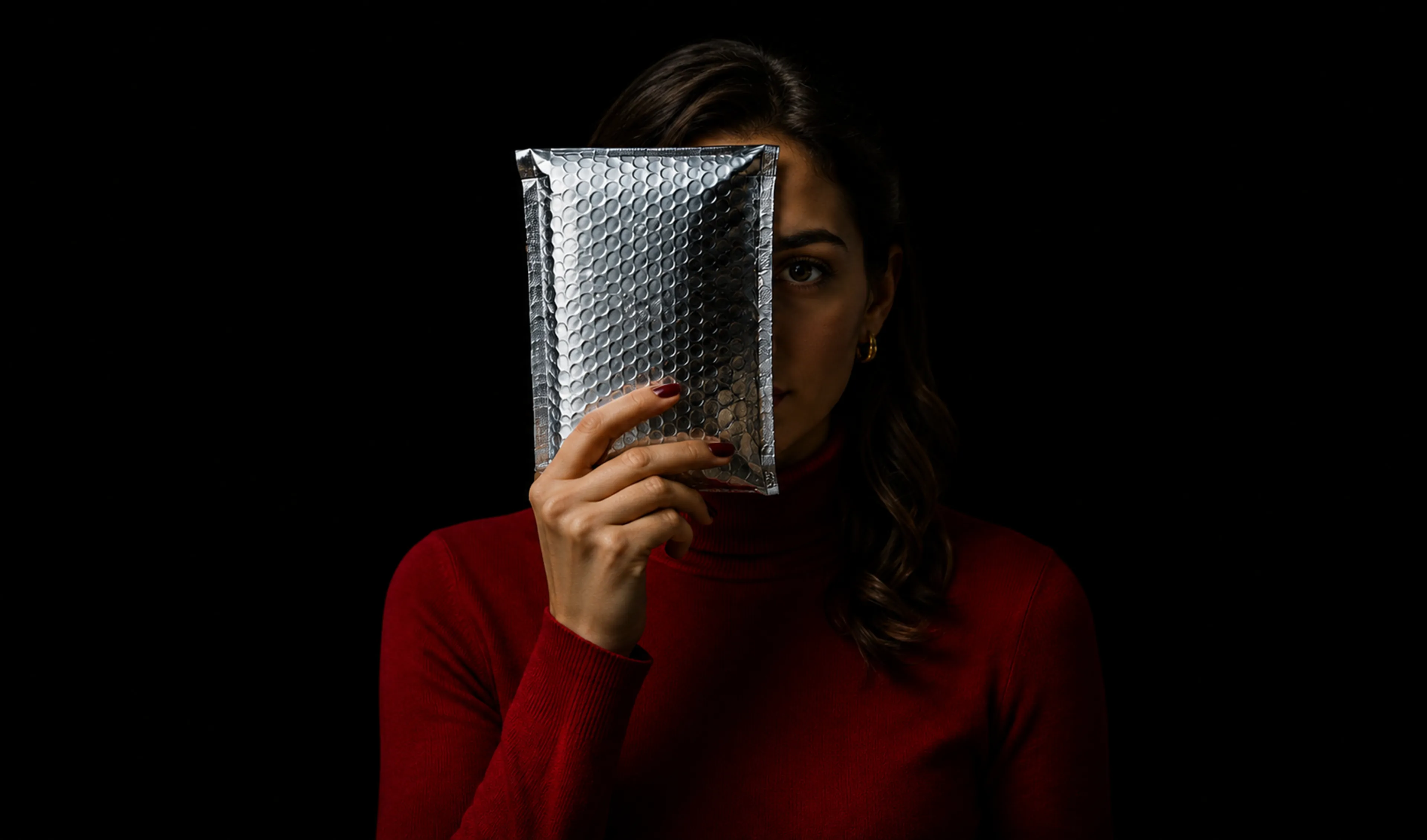 A customer holding an insulated delivery envelope with one eye visible
