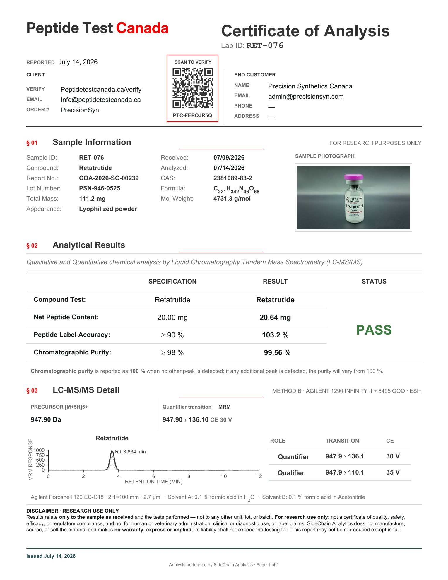 Full SideChain Analytics report COA-2026-SC-00239, naming Precision Synthetics Canada as end customer, sample RET-076 and lot PSN-946-0525.